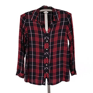 J.Jill Classic Red & Black Plaid Button Front Blouse SMALL Casual Cabin Western
